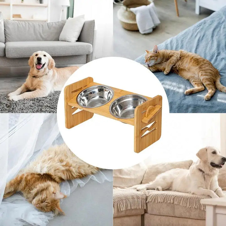 Gamelle Double Inclinable et Surélevée en Acier Inoxydable avec Support en Bois - HautePattes