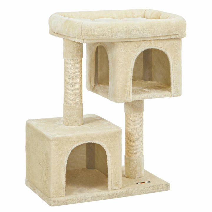 Petit arbre à chat 84 cm – 2 niches fermées & perchoir moelleux