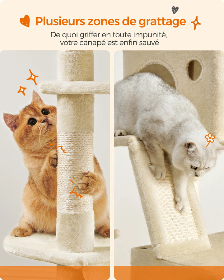 Tour à chat 206 cm – 6 chats, 5 zones de repos & griffoirs intégrés