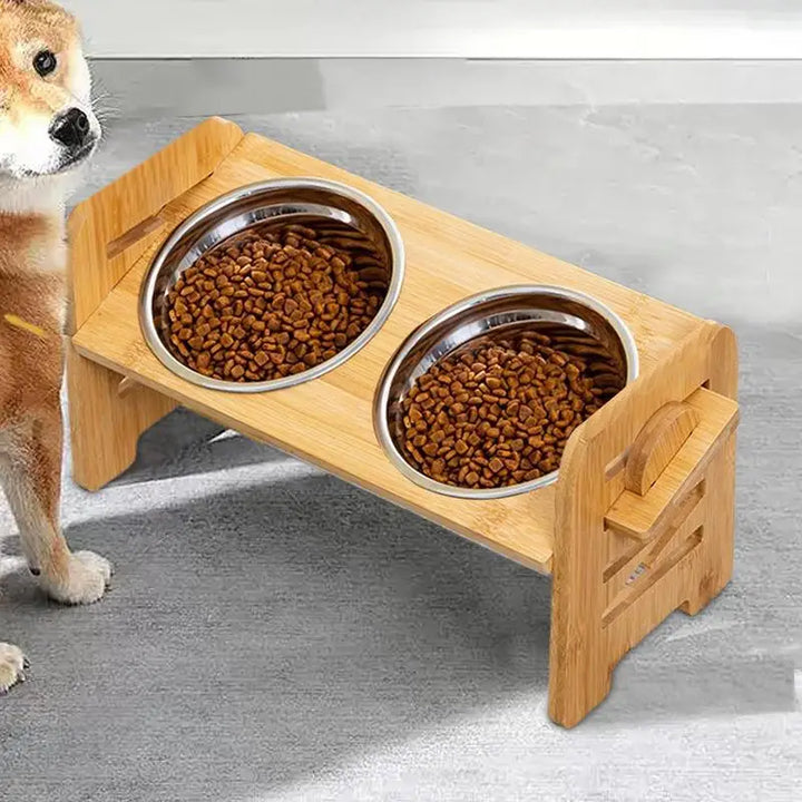Gamelle Double Inclinable et Surélevée en Acier Inoxydable avec Support en Bois - HautePattes