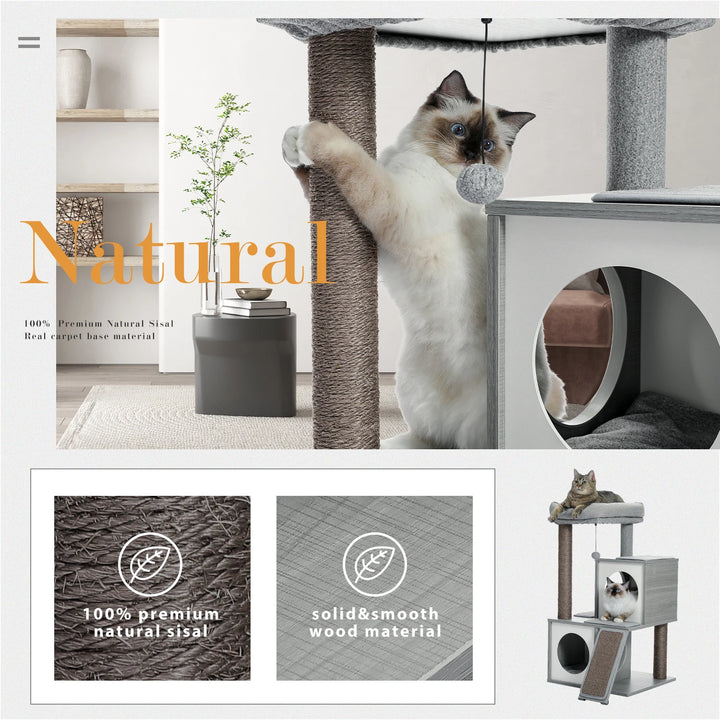 Arbre compact moderne – 2 niches, perchoir & rampe griffoir