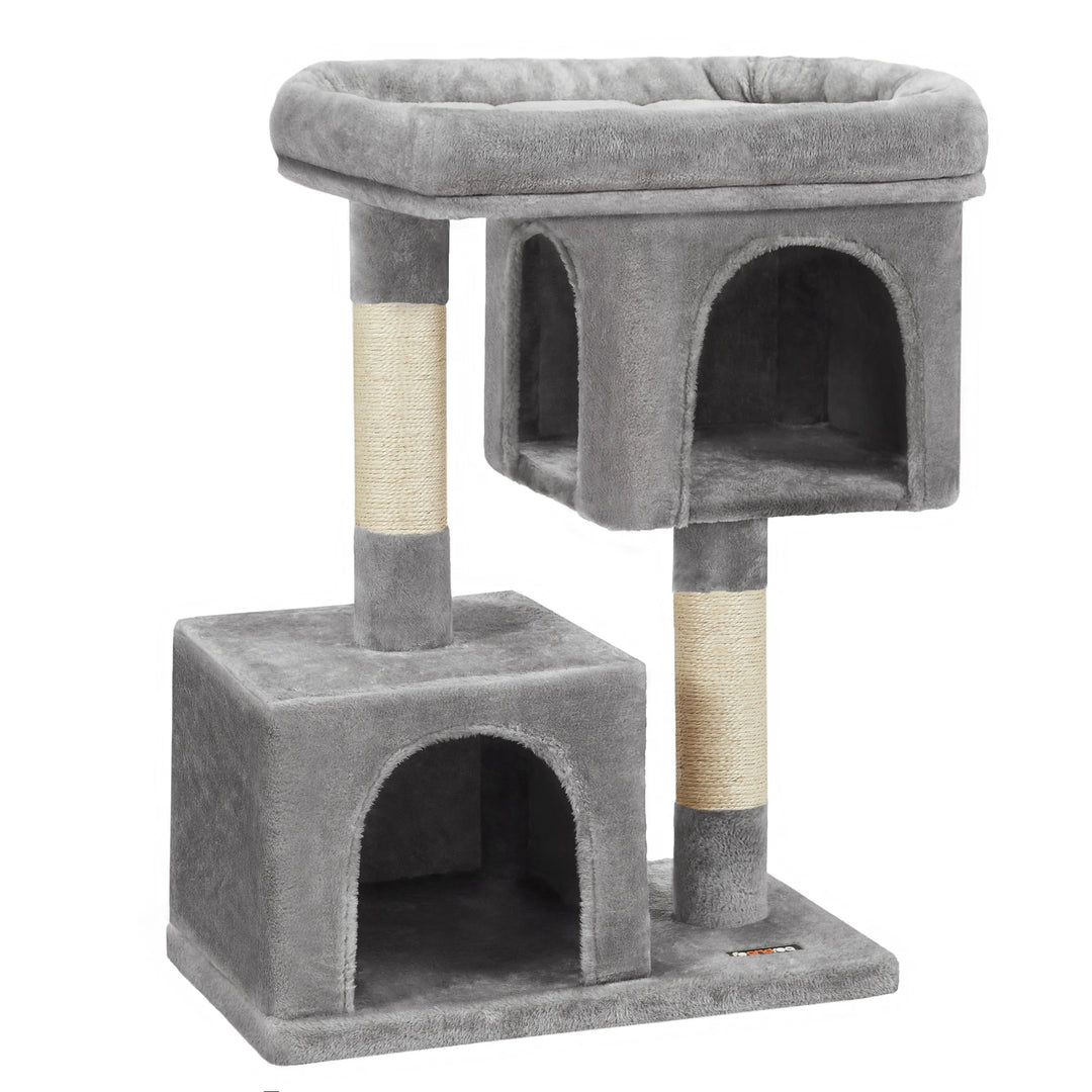 Petit arbre à chat 84 cm – 2 niches fermées & perchoir moelleux