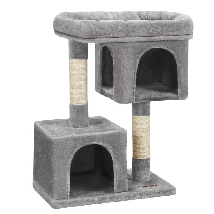 Petit arbre à chat 84 cm – 2 niches fermées & perchoir moelleux
