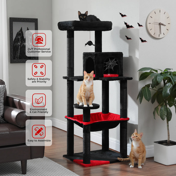Arbre à chat design noir & rouge – Élégance sombre pour 2 à 3 félins