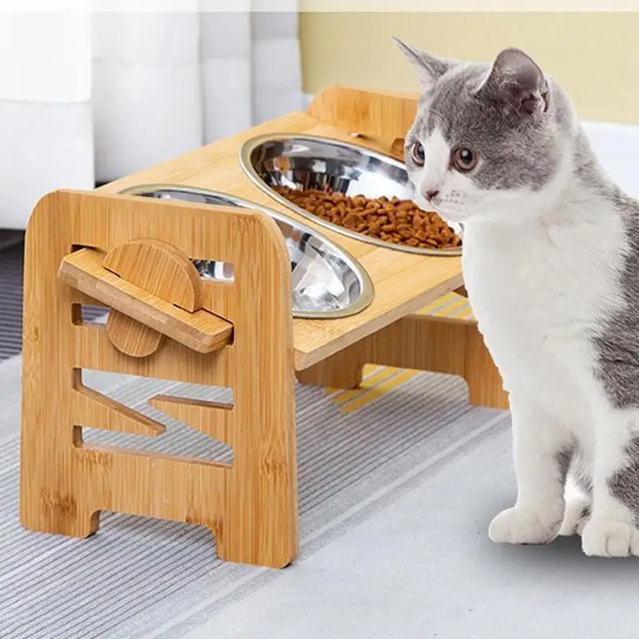 Gamelle Double Inclinable et Surélevée en Acier Inoxydable avec Support en Bois - HautePattes