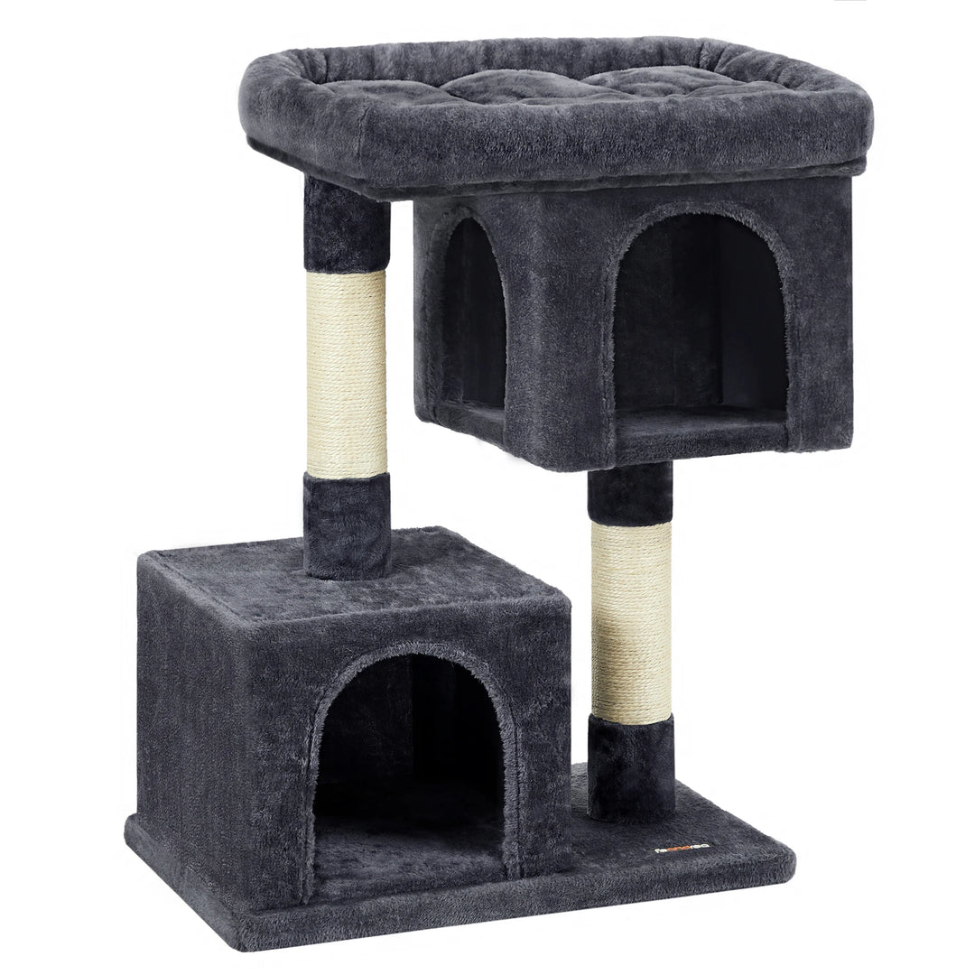 Petit arbre à chat 84 cm – 2 niches fermées & perchoir moelleux