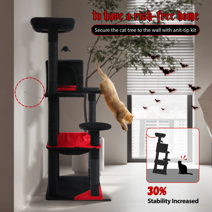 Arbre à chat design noir & rouge – Élégance sombre pour 2 à 3 félins