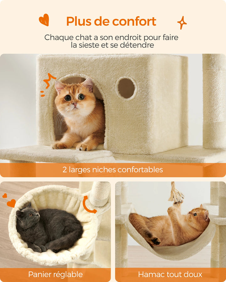 Tour à chat 206 cm – 6 chats, 5 zones de repos & griffoirs intégrés