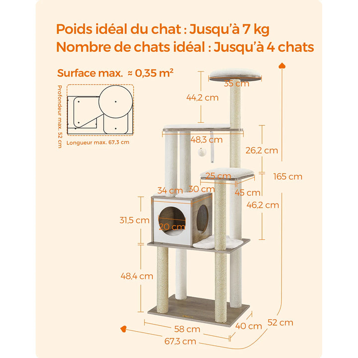 Arbre à chat 165 cm – Élégant refuge vertical pour chats exigeants