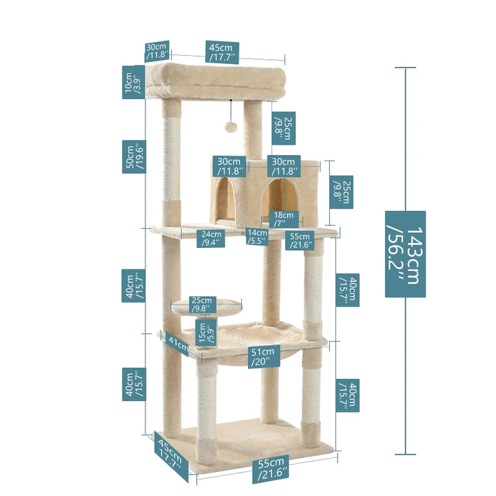 Dimensions complètes d’un arbre à chat beige de 143 cm, avec plateformes, condo, hamac et poteaux à griffer, illustrées en centimètres et pouces.