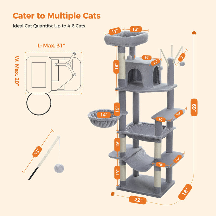 Tour féline 6 niveaux – Confort pour 4 à 6 chats, hamacs & condo XL