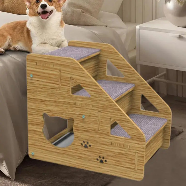 Escalier Premium en Bois à 3 Niveaux pour Chiens et Chats – Confort et Sécurité Ultimes - HautePattes