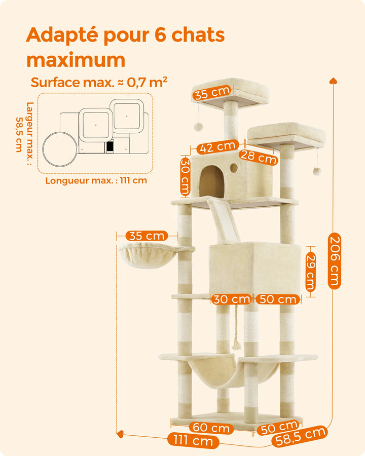 Tour à chat 206 cm – 6 chats, 5 zones de repos & griffoirs intégrés