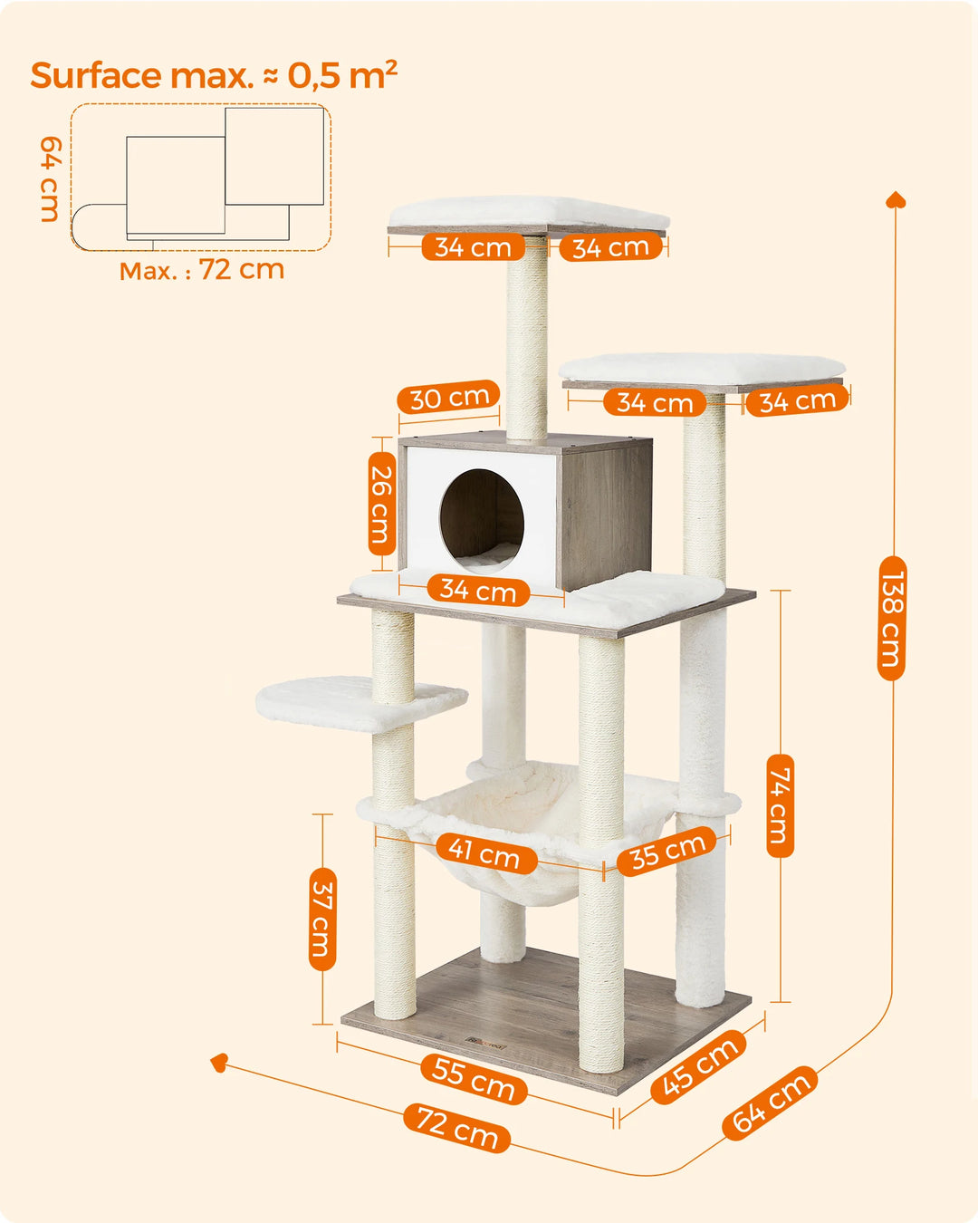 Arbre à chat 138 cm – Un havre moelleux pour chats sensibles