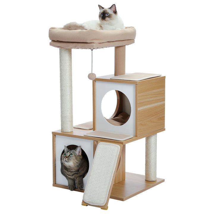 Arbre compact moderne – 2 niches, perchoir & rampe griffoir