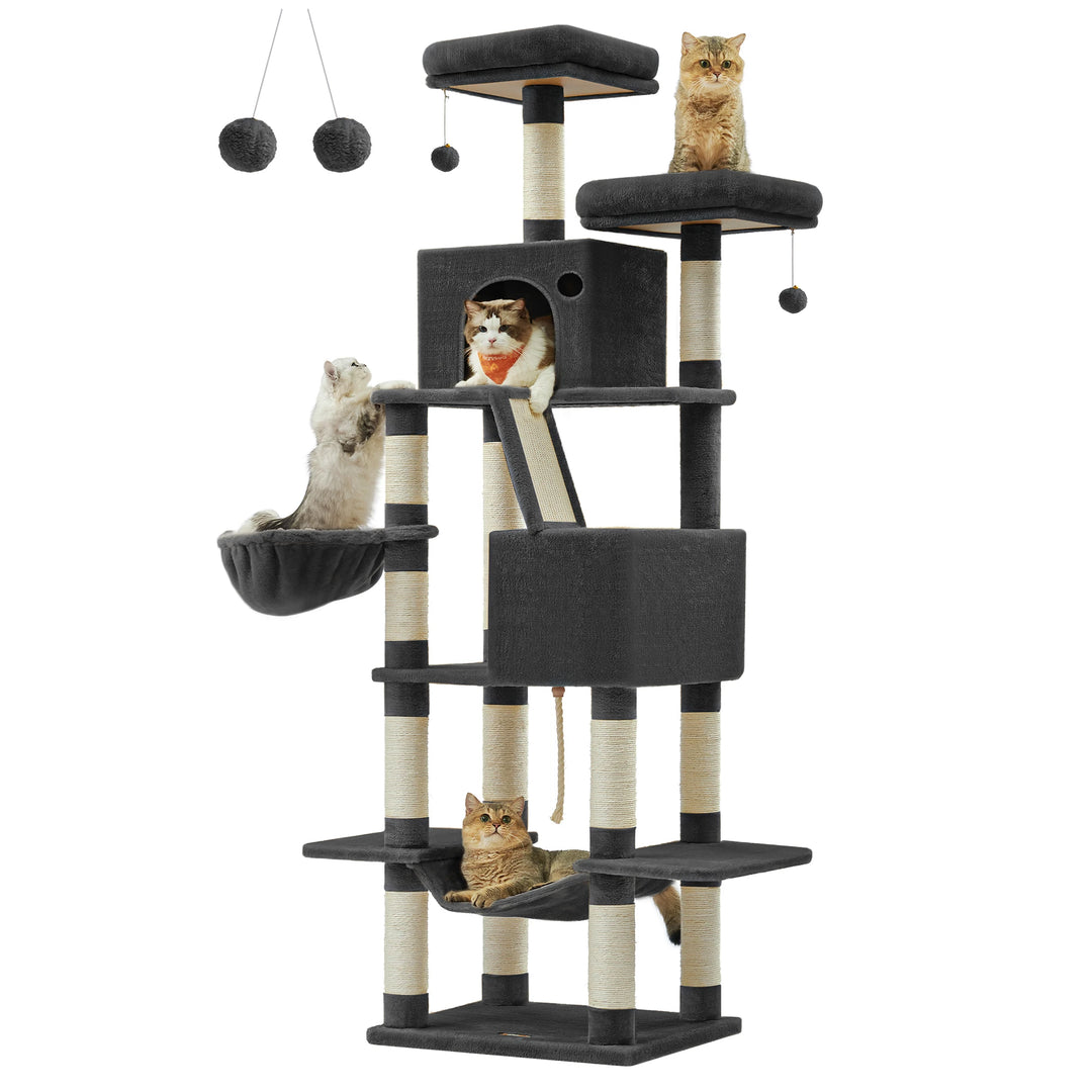 Tour à chat 206 cm – 6 chats, 5 zones de repos & griffoirs intégrés
