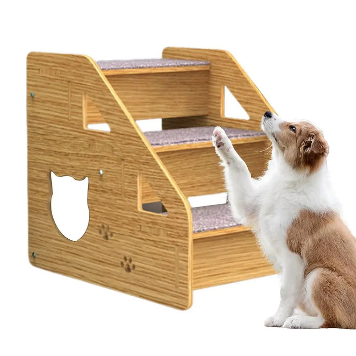 Escalier Premium en Bois à 3 Niveaux pour Chiens et Chats – Confort et Sécurité Ultimes - HautePattes