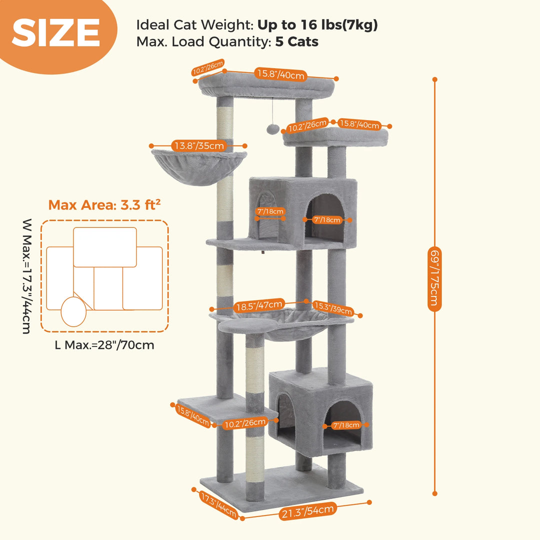Arbre à chat XXL 175 cm – 2 hamacs, condos & griffoirs pour grands félins