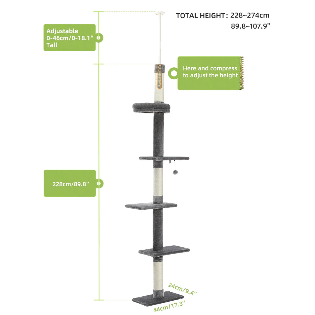 Arbre à chat réglable – 5 niveaux en hauteur, griffoirs & fixation murale