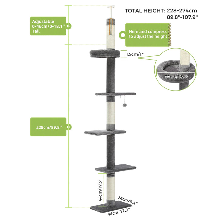 Arbre à chat réglable – 5 niveaux en hauteur, griffoirs & fixation murale