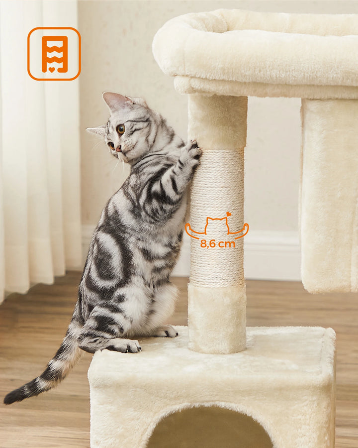 Petit arbre à chat 84 cm – 2 niches fermées & perchoir moelleux