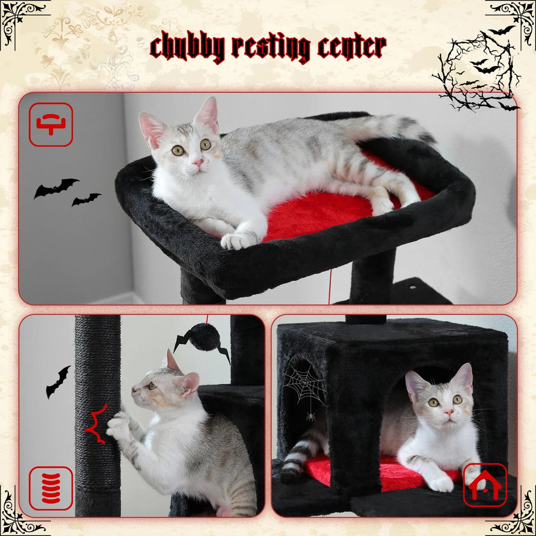 Arbre à chat design noir & rouge – Élégance sombre pour 2 à 3 félins