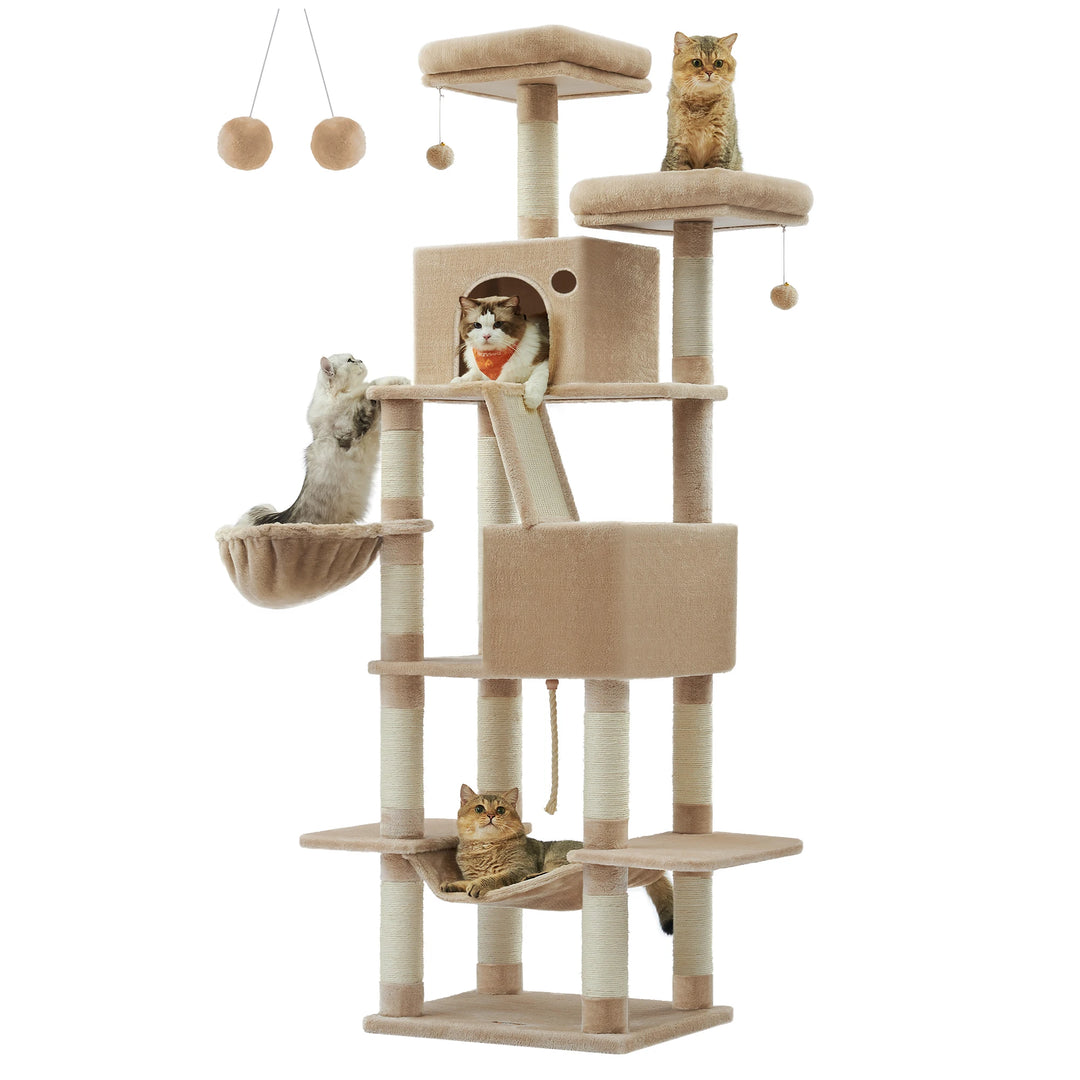 Tour à chat 206 cm – 6 chats, 5 zones de repos & griffoirs intégrés