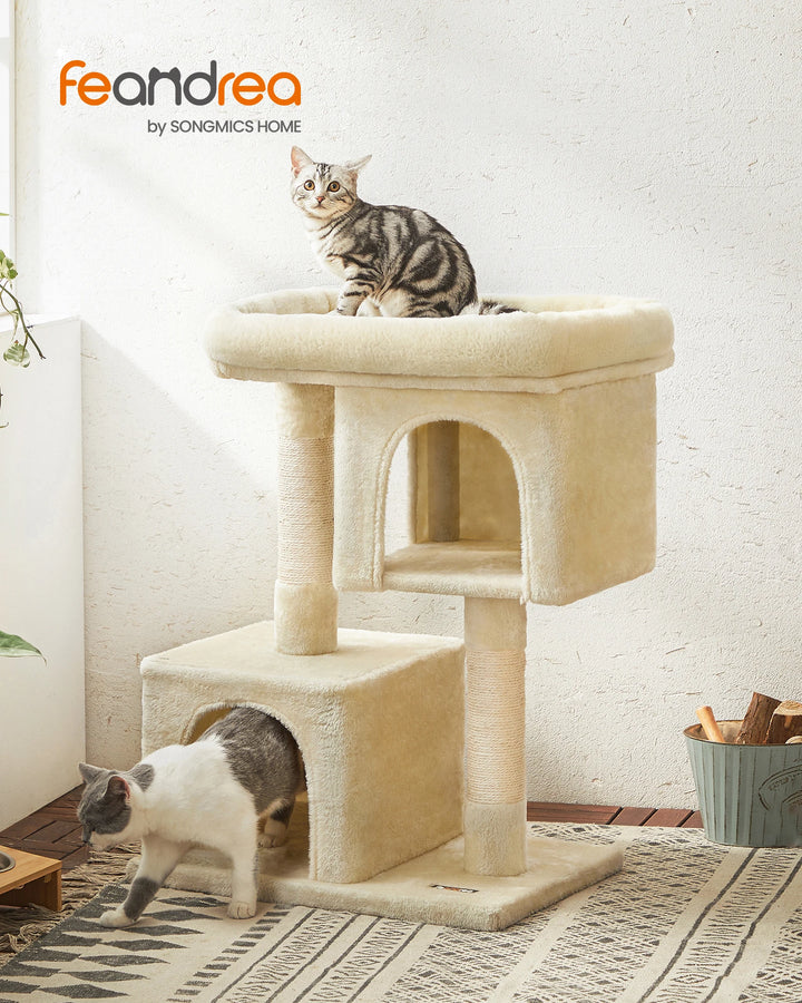 Petit arbre à chat 84 cm – 2 niches fermées & perchoir moelleux