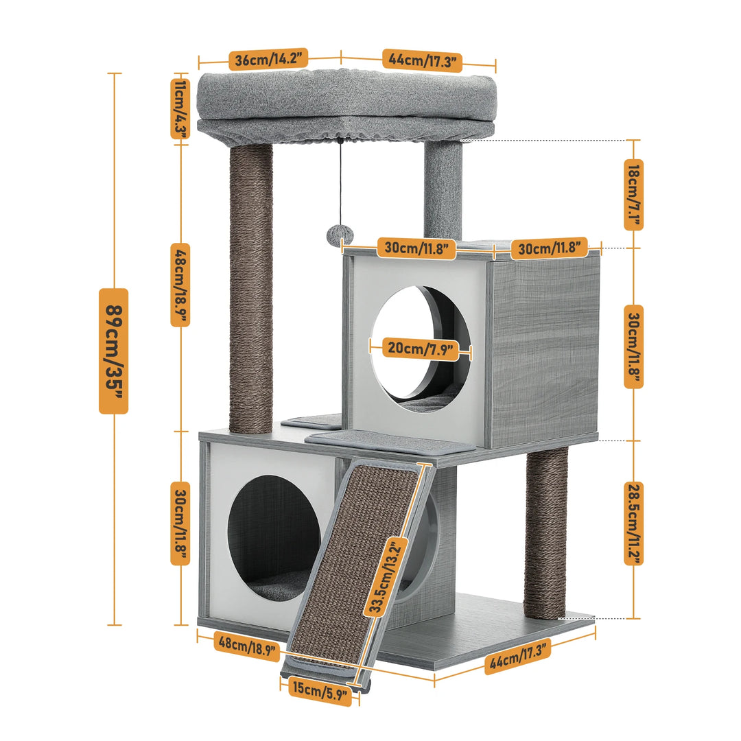 Arbre compact moderne – 2 niches, perchoir & rampe griffoir