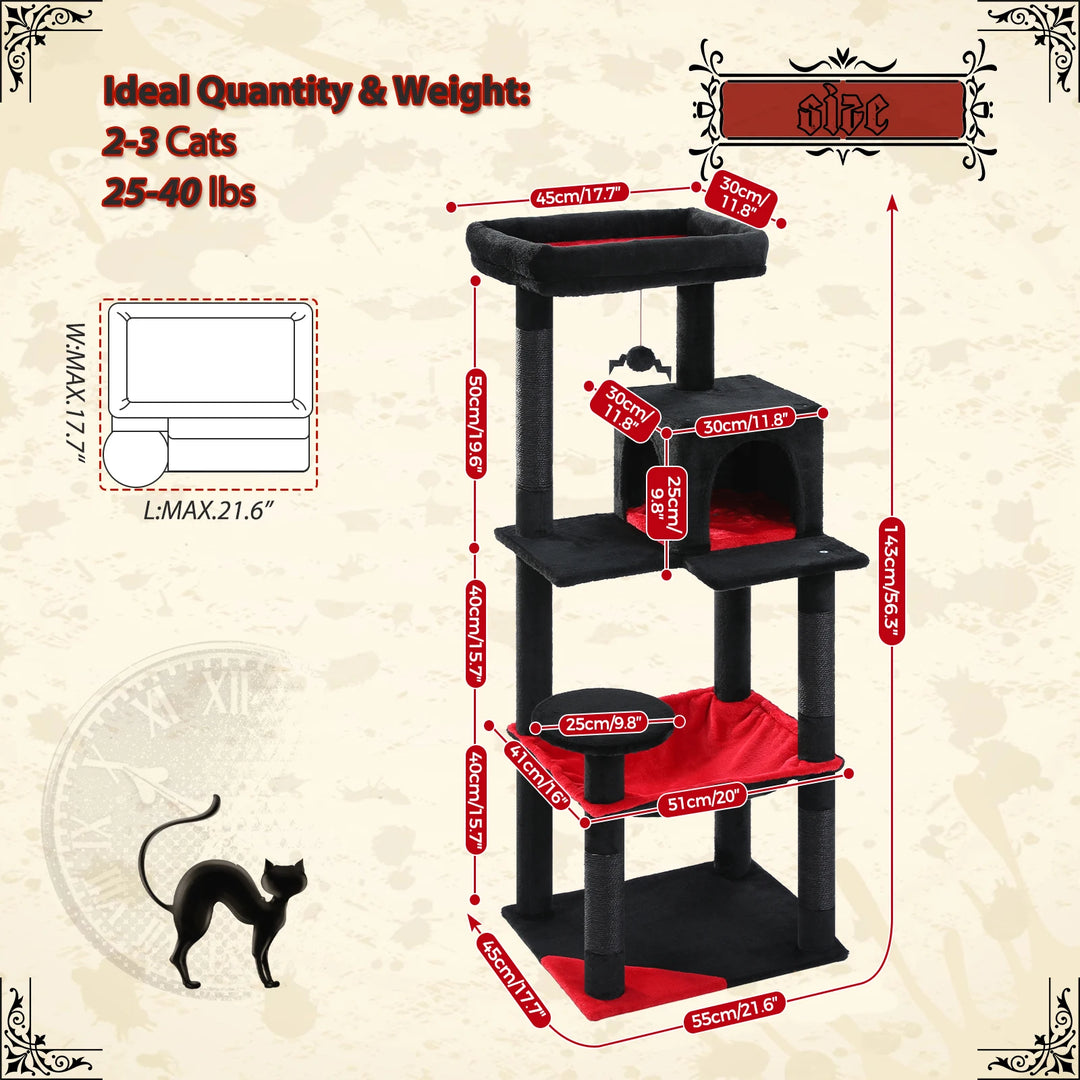 Arbre à chat design noir & rouge – Élégance sombre pour 2 à 3 félins
