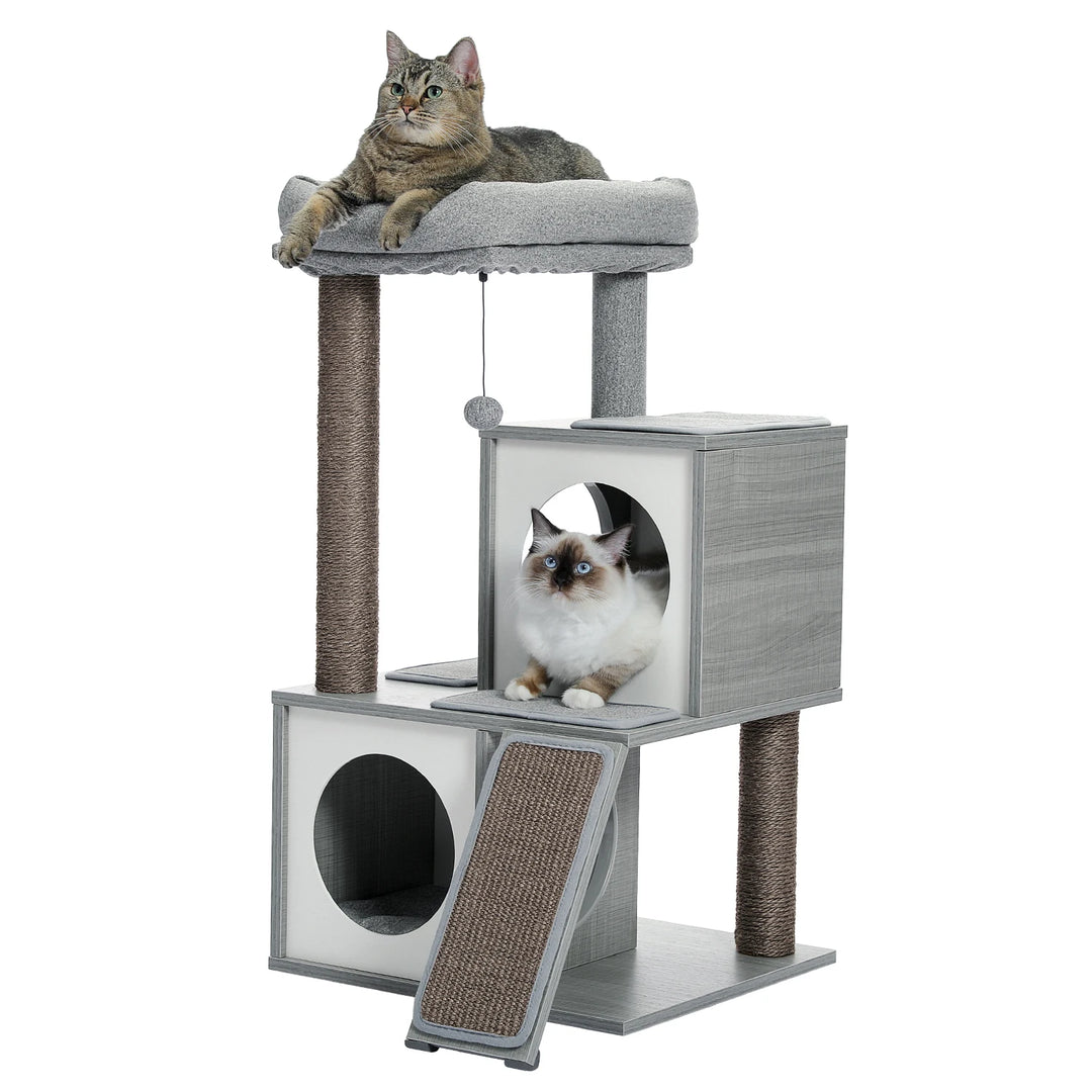 Arbre compact moderne – 2 niches, perchoir & rampe griffoir