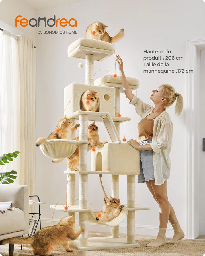 Tour à chat 206 cm – 6 chats, 5 zones de repos & griffoirs intégrés