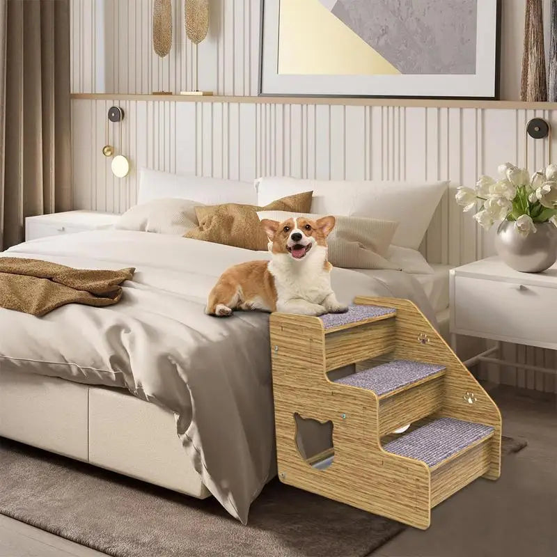 Escalier Premium en Bois à 3 Niveaux pour Chiens et Chats – Confort et Sécurité Ultimes - HautePattes