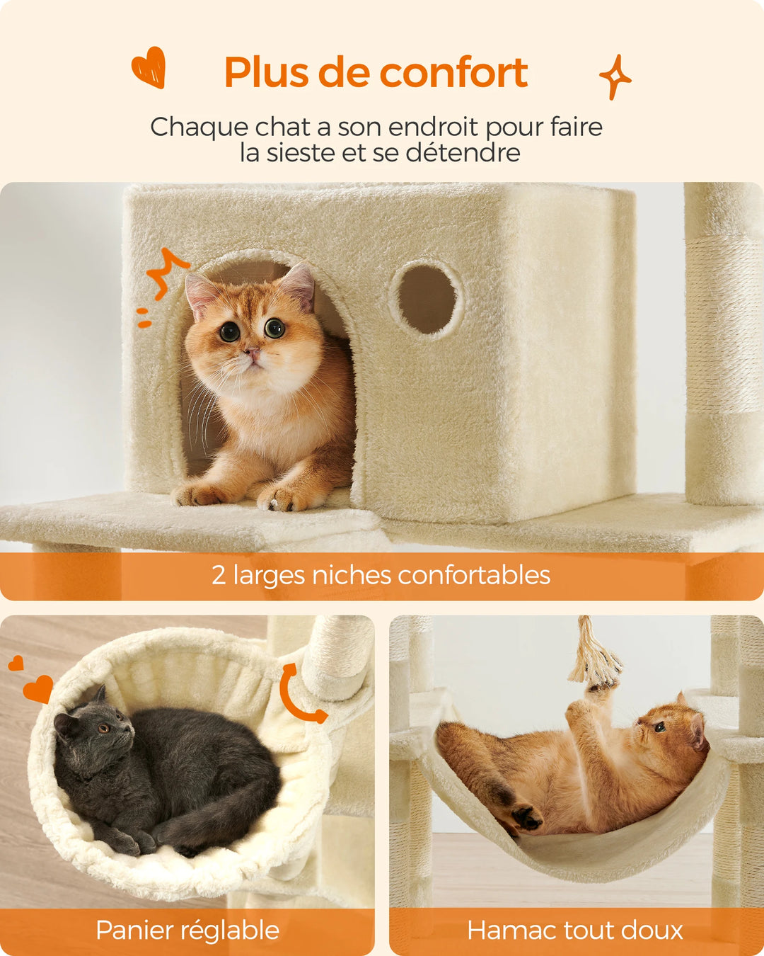 Tour à chat 206 cm – 6 chats, 5 zones de repos & griffoirs intégrés