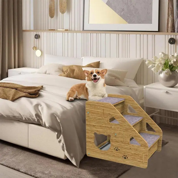 Escalier Premium en Bois à 3 Niveaux pour Chiens et Chats – Confort et Sécurité Ultimes - HautePattes