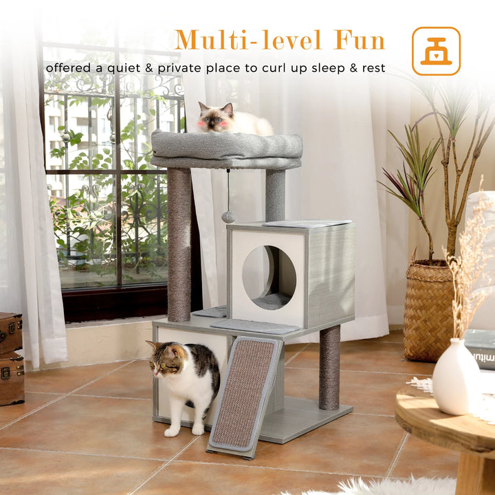 Arbre compact moderne – 2 niches, perchoir & rampe griffoir