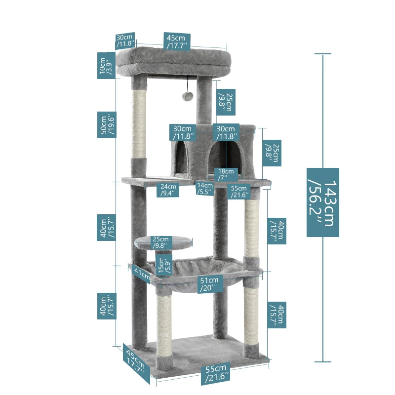 Dimensions complètes d’un arbre à chat gris de 143 cm, avec plateformes, condo, hamac et poteaux à griffer, illustrées en centimètres et pouces.