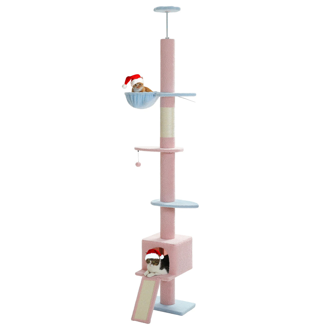 Arbre à chat rose et bleu pastel, du sol au plafond, avec condo, hamac et plateformesArbre à chat rose et bleu pastel, du sol au plafond, avec condo, hamac et plateformes.